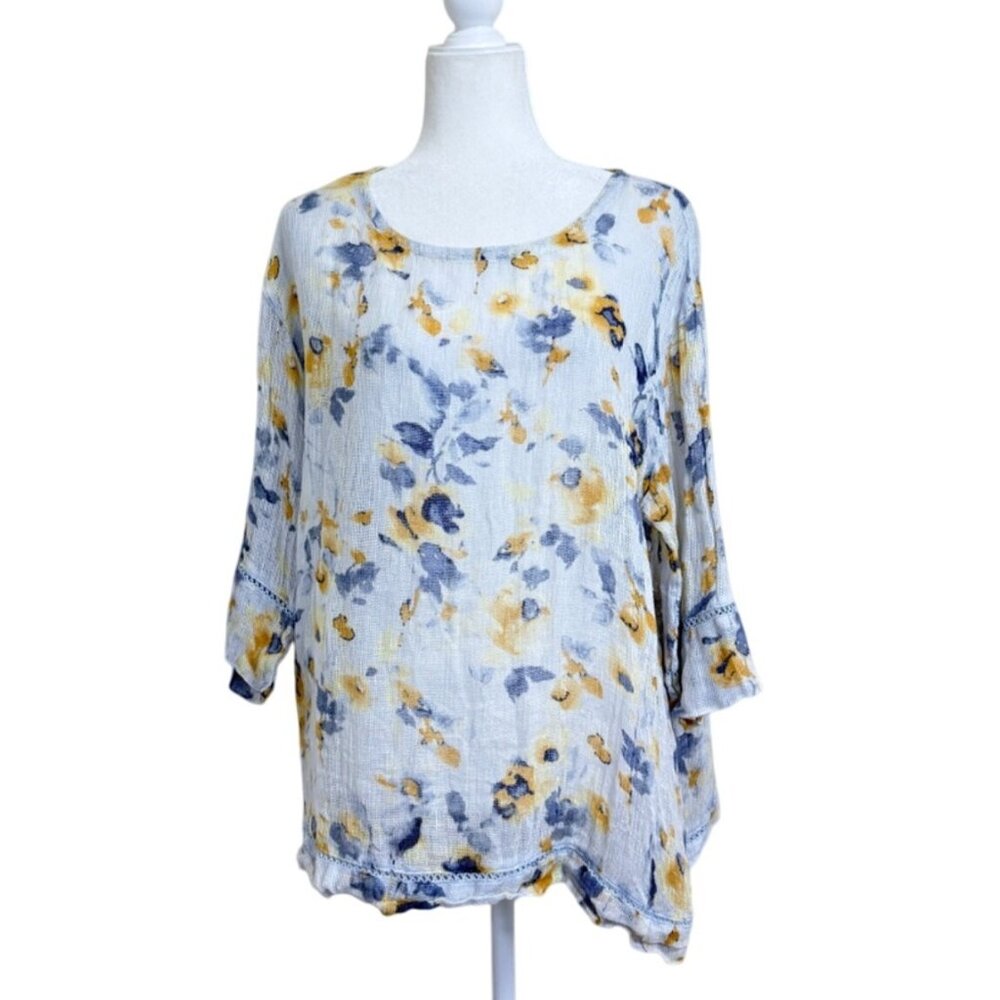 Pure Jill Gauze Top Linen Floral Lightweight Sheer Tunic 3/4 Sleeve Women Size L